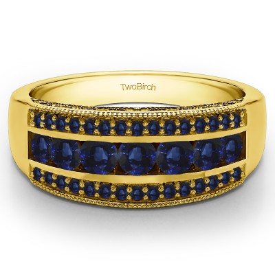 0.98 Carat Sapphire Pave Set Filigree Three Row Anniversary Band  in Yellow Gold