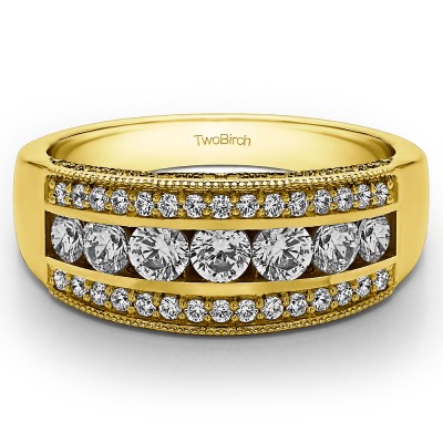 0.98 Carat Pave Set Filigree Three Row Anniversary Band  in Yellow Gold