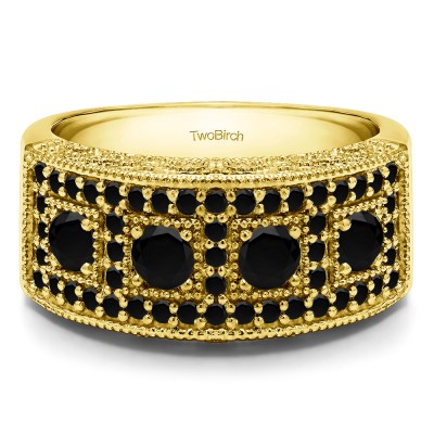 1.01 Carat Black Vintage Pave Set Anniversary Ring in Yellow Gold