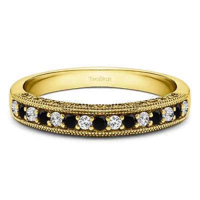 Carat Black and White Vintage Millgrain Filigree Wedding Band  in Yellow Gold