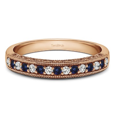 Carat Sapphire and Diamond Vintage Millgrain Filigree Wedding Band  in Rose Gold