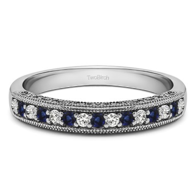 Carat Sapphire and Diamond Vintage Millgrain Filigree Wedding Band