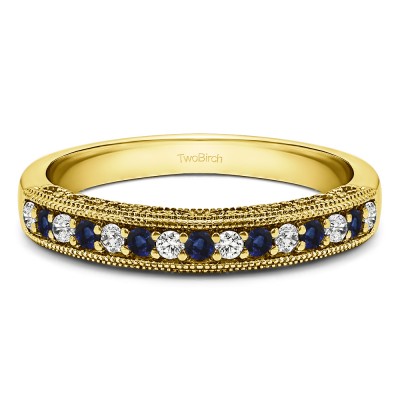 Carat Sapphire and Diamond Vintage Millgrain Filigree Wedding Band  in Yellow Gold