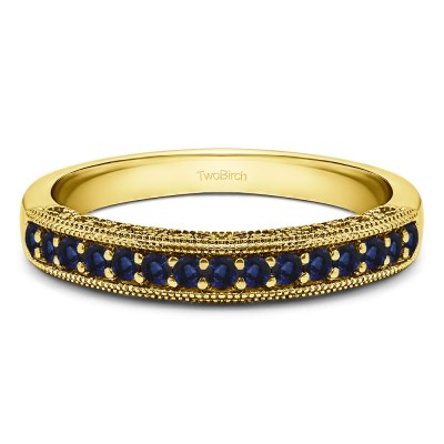 Carat Sapphire Vintage Millgrain Filigree Wedding Band  in Yellow Gold