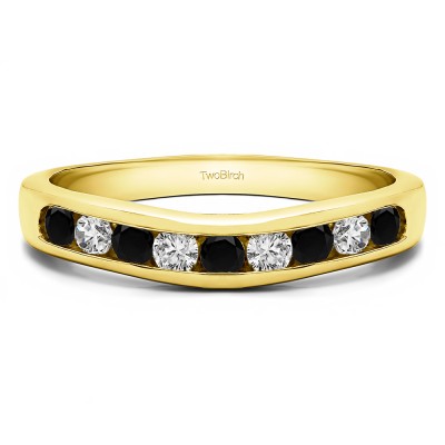 0.5 Ct. Black and White Nine Stone Round Channel Set Contour Curved Band in Yellow Gold
