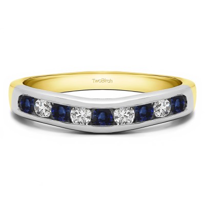 0.5 Ct. Sapphire and Diamond Nine Stone Round Channel Set Contour Curved Band in Two Tone Gold