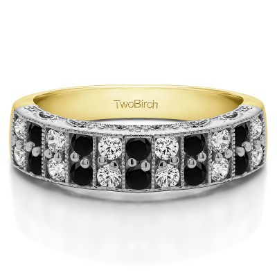 0.99 Carat Black and White Double Row Millgrained Pave Vintage Wedding Ring  in Two Tone Gold