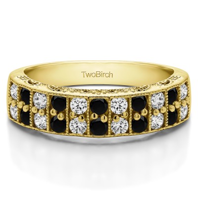 0.99 Carat Black and White Double Row Millgrained Pave Vintage Wedding Ring  in Yellow Gold