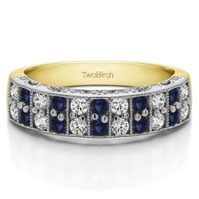 0.99 Carat Sapphire and Diamond Double Row Millgrained Pave Vintage Wedding Ring  in Two Tone Gold