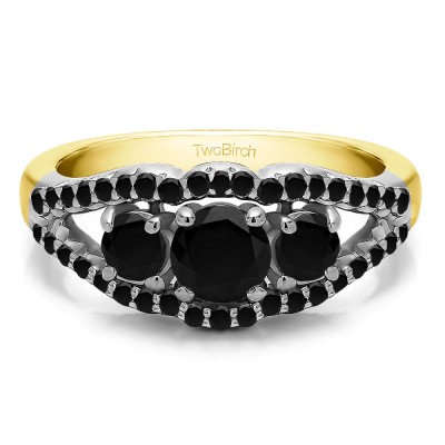1.04 Carat Black Three Stone Prong Set Wedding Band in Two Tone Gold