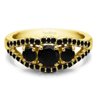 1.04 Carat Black Three Stone Prong Set Wedding Band in Yellow Gold