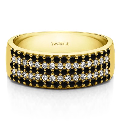 1 Carat Black and White Double Row Pave Set Wedding Ring in Yellow Gold