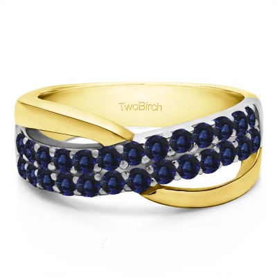 0.78 Carat Sapphire Double Row Shared Prong Bypass Wedding Ring  in Two Tone Gold