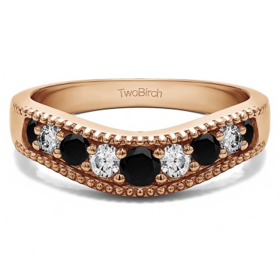 0.5 Ct. Black and White Wde Vintage Millgrained Contour Wedding Ring in Rose Gold
