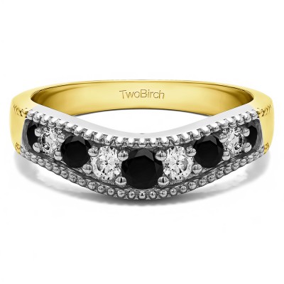 0.25 Ct. Black and White Wde Vintage Millgrained Contour Wedding Ring in Two Tone Gold