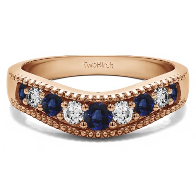 0.5 Ct. Sapphire and Diamond Wde Vintage Millgrained Contour Wedding Ring in Rose Gold