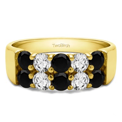 1 Carat Black and White Ten Stone Double Row Shared Prong Wedding Band  in Yellow Gold