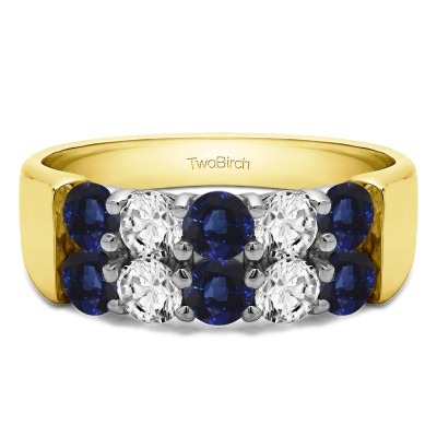 1 Carat Sapphire and Diamond Ten Stone Double Row Shared Prong Wedding Band  in Two Tone Gold