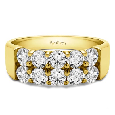 2 Carat Ten Stone Double Row Shared Prong Wedding Band  in Yellow Gold