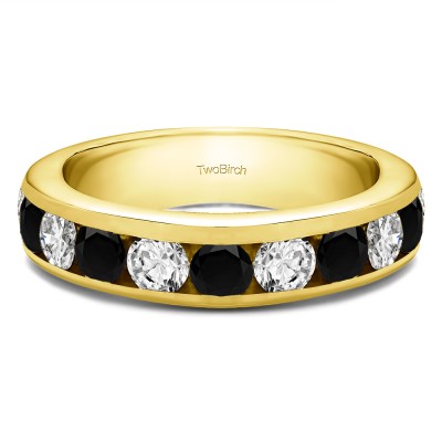 0.5 Carat Black and White 10 Stone Channel Set Wedding Ring in Yellow Gold