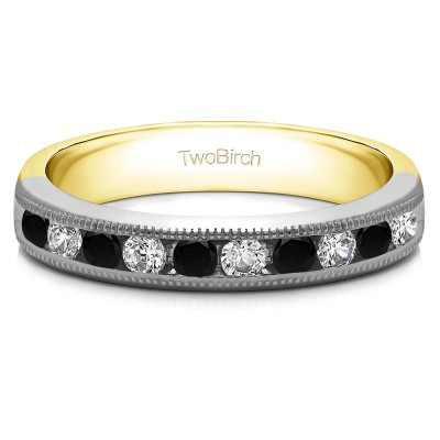 0.5 Carat Black and White 10 Stone Open Ended Channel Set Wedding Ring  in Two Tone Gold
