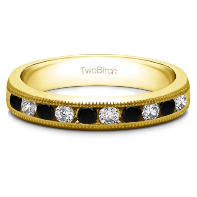 0.5 Carat Black and White 10 Stone Open Ended Channel Set Wedding Ring  in Yellow Gold