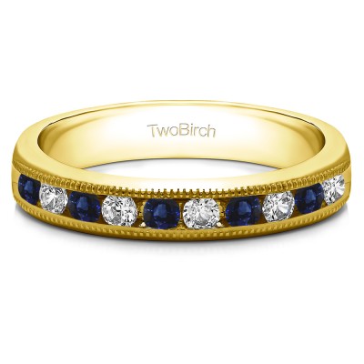 0.5 Carat Sapphire and Diamond 10 Stone Open Ended Channel Set Wedding Ring  in Yellow Gold