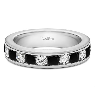 0.75 Carat Black and White Twelve Stone Channel Set Straight Wedding Ring