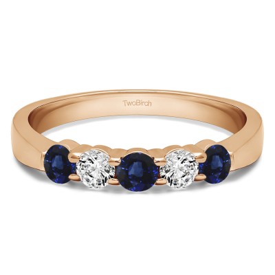0.5 Carat Sapphire and Diamond Five Stone Shared Prong Pinched Shank Wedding Band  in Rose Gold