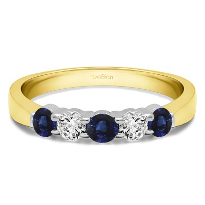 0.5 Carat Sapphire and Diamond Five Stone Shared Prong Pinched Shank Wedding Band  in Two Tone Gold
