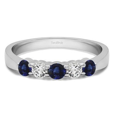 0.5 Carat Sapphire and Diamond Five Stone Shared Prong Pinched Shank Wedding Band