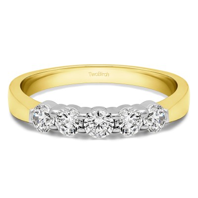 0.5 Carat Five Stone Shared Prong Pinched Shank Wedding Band  in Two Tone Gold