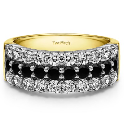 1.5 Carat Black and White Three Row Double Shared Prong Anniversary Band  in Two Tone Gold