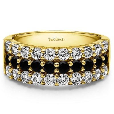 1.5 Carat Black and White Three Row Double Shared Prong Anniversary Band  in Yellow Gold