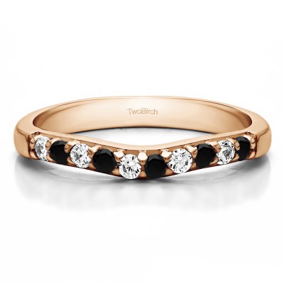 0.25 Ct. Black and White Ten Stone Curved Prong Set Wedding Ring in Rose Gold