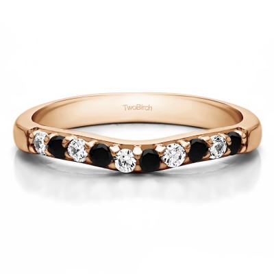 0.25 Ct. Black and White Ten Stone Curved Prong Set Wedding Ring in Rose Gold
