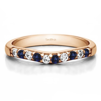 0.25 Ct. Sapphire and Diamond Ten Stone Curved Prong Set Wedding Ring in Rose Gold