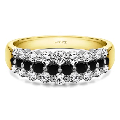 0.99 Carat Black and White Three Row Common Prong Wedding Ring in Two Tone Gold