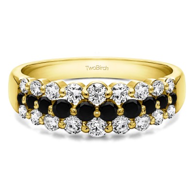 0.99 Carat Black and White Three Row Common Prong Wedding Ring in Yellow Gold