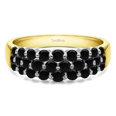 0.99 Carat Black Three Row Common Prong Wedding Ring in Two Tone Gold