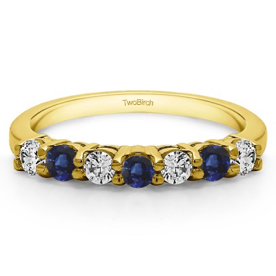 0.42 Carat Sapphire and Diamond 7 Stone Double Shared Prong Wedding Ring  in Yellow Gold