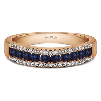 0.6 Carat Sapphire and Diamond Three Row Recessed Center Wedding Ring in Rose Gold