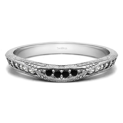 0.18 Ct. Black and White Knife Edged Vintage Filigree Curved Wedding Band