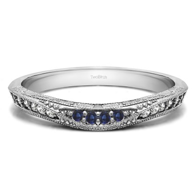 0.18 Ct. Sapphire and Diamond Knife Edged Vintage Filigree Curved Wedding Band