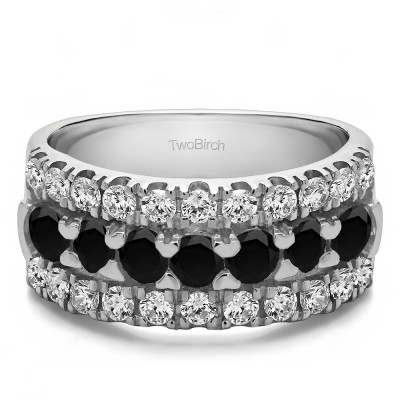 1.21 Carat Black and White Three Row French Cut Pave Raised Center Anniversary Ring