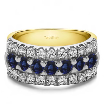 1.21 Carat Sapphire and Diamond Three Row French Cut Pave Raised Center Anniversary Ring  in Two Tone Gold