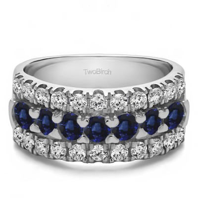 1.21 Carat Sapphire and Diamond Three Row French Cut Pave Raised Center Anniversary Ring