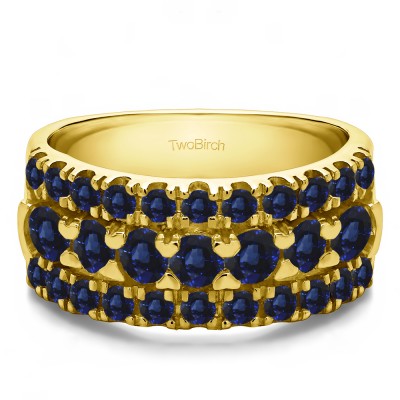 1.21 Carat Sapphire Three Row French Cut Pave Raised Center Anniversary Ring  in Yellow Gold