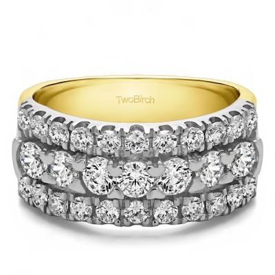 1.21 Carat Three Row French Cut Pave Raised Center Anniversary Ring  in Two Tone Gold