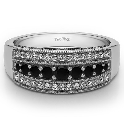 0.71 Carat Black and White Three Row Vintage Millgrain Wedding Ring